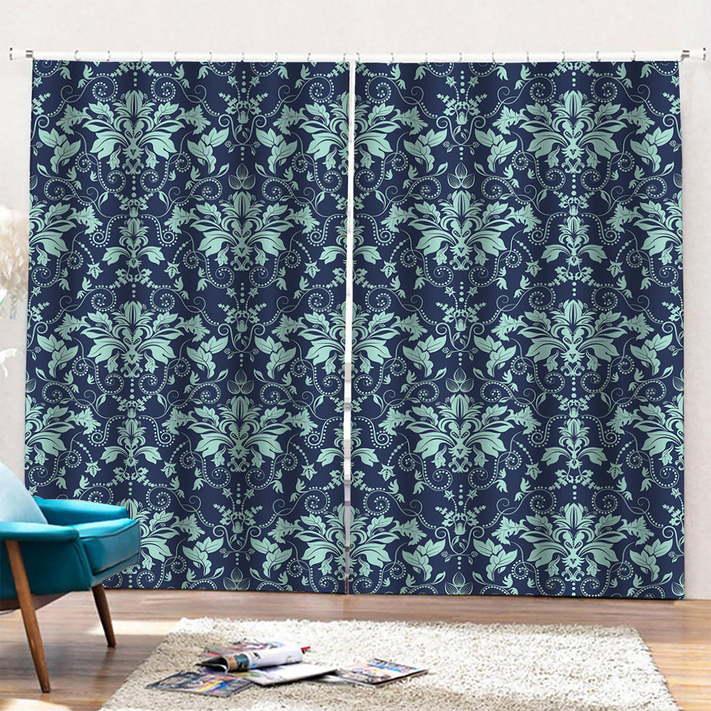 Blue And Teal Damask Pattern Print Pencil Pleat Curtains