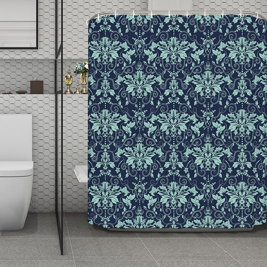 Blue And Teal Damask Pattern Print Polyester Shower Curtain