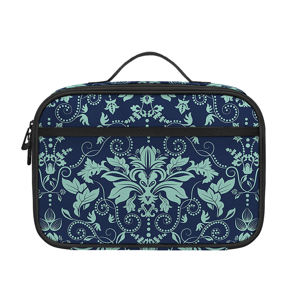 Blue And Teal Damask Pattern Print Portable Lunch Bag