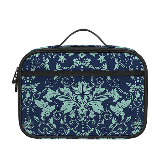 Blue And Teal Damask Pattern Print Portable Lunch Bag