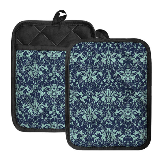 Blue And Teal Damask Pattern Print Pot Holders With Pocket