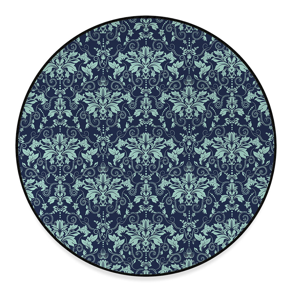 Blue And Teal Damask Pattern Print Round Floor Mat