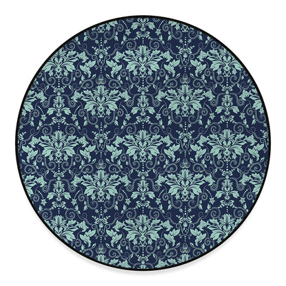 Blue And Teal Damask Pattern Print Round Floor Mat
