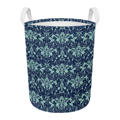 Blue And Teal Damask Pattern Print Round Laundry Basket