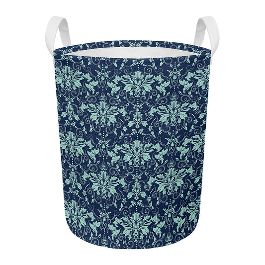 Blue And Teal Damask Pattern Print Round Laundry Basket