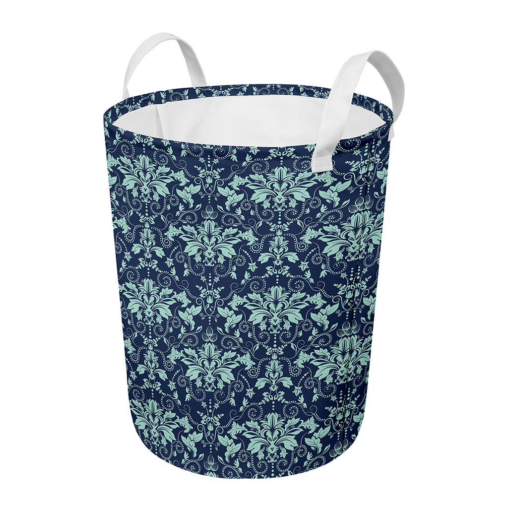 Blue And Teal Damask Pattern Print Round Laundry Basket