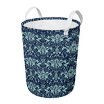 Blue And Teal Damask Pattern Print Round Laundry Basket