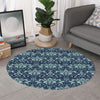 Blue And Teal Damask Pattern Print Round Rug