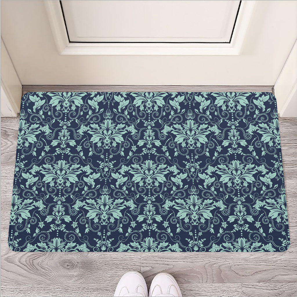 Blue And Teal Damask Pattern Print Rubber Doormat