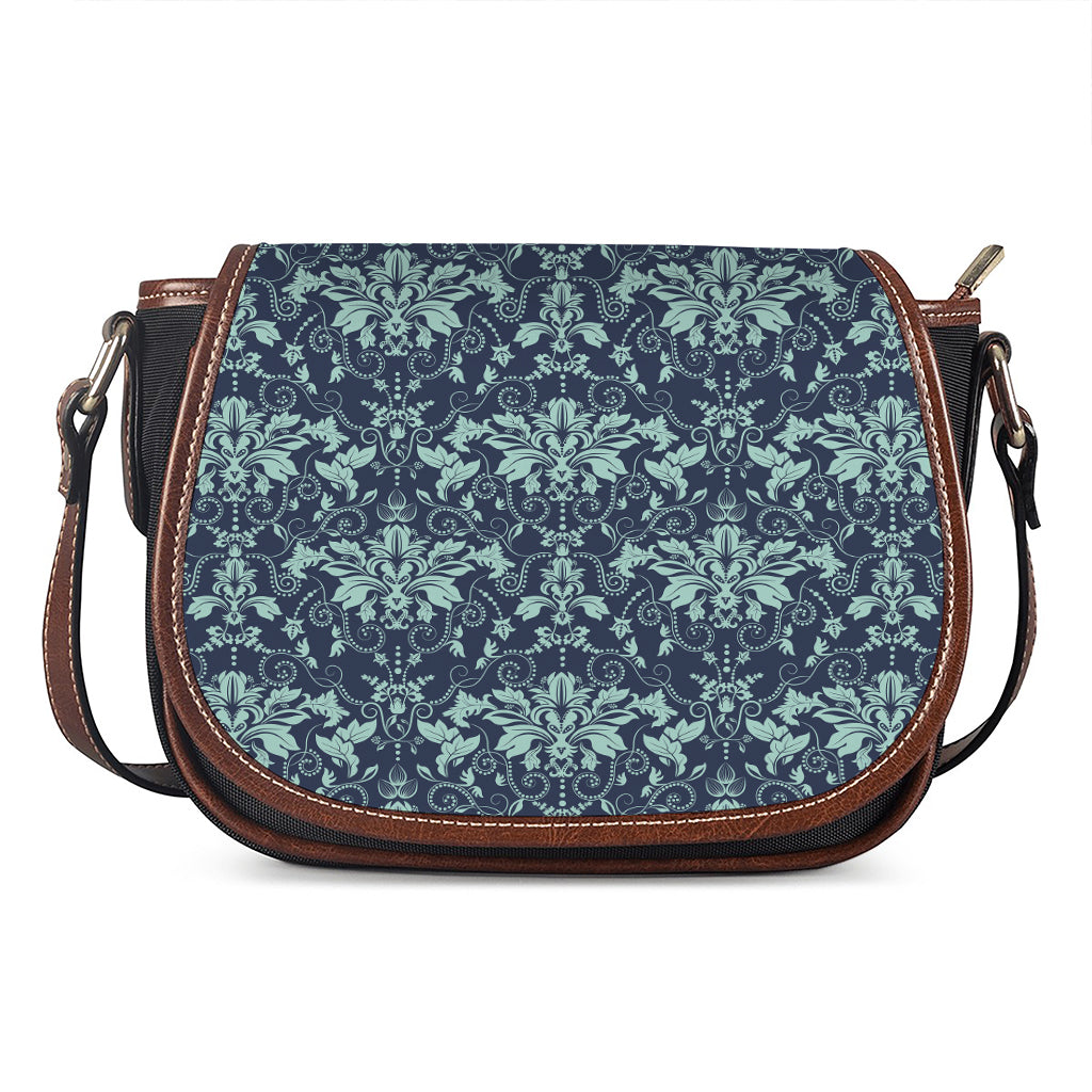 Blue And Teal Damask Pattern Print Saddle Bag