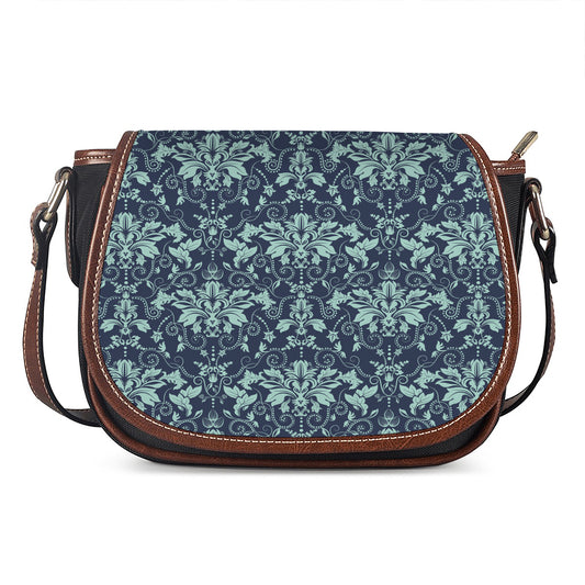 Blue And Teal Damask Pattern Print Saddle Bag
