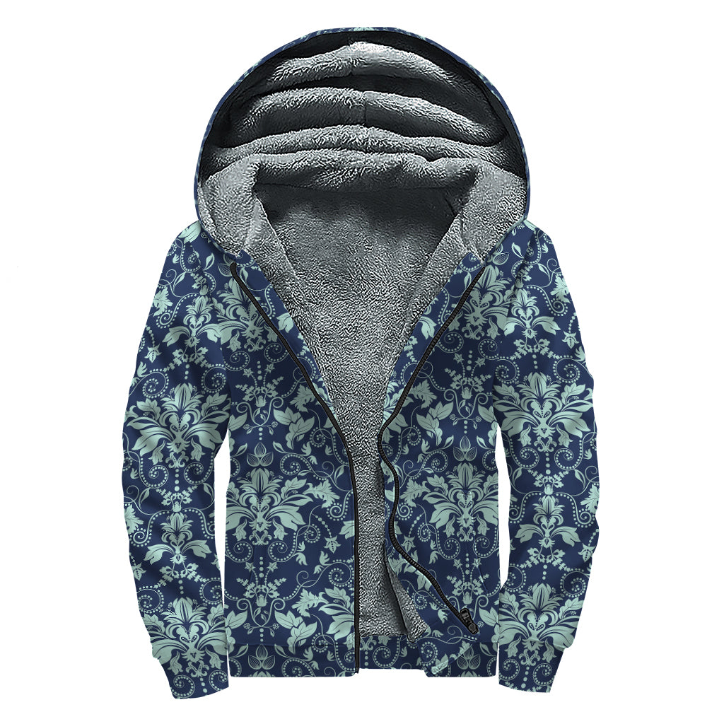 Blue And Teal Damask Pattern Print Sherpa Lined Zip Up Hoodie