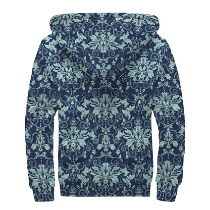 Blue And Teal Damask Pattern Print Sherpa Lined Zip Up Hoodie