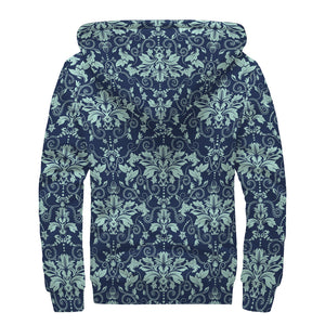 Blue And Teal Damask Pattern Print Sherpa Lined Zip Up Hoodie