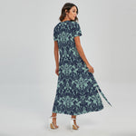 Blue And Teal Damask Pattern Print Short Sleeve Maxi Dress