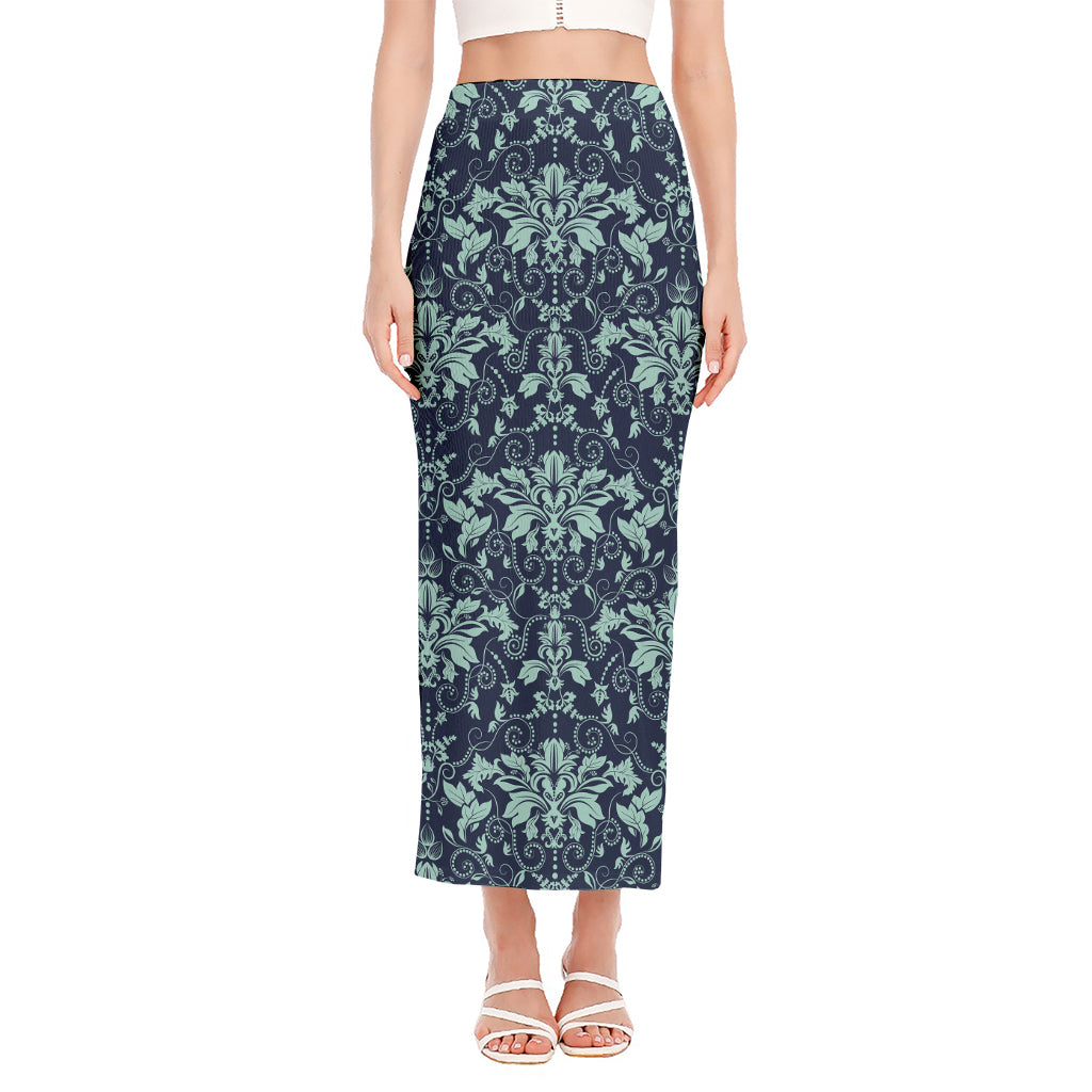 Blue And Teal Damask Pattern Print Side Slit Maxi Skirt