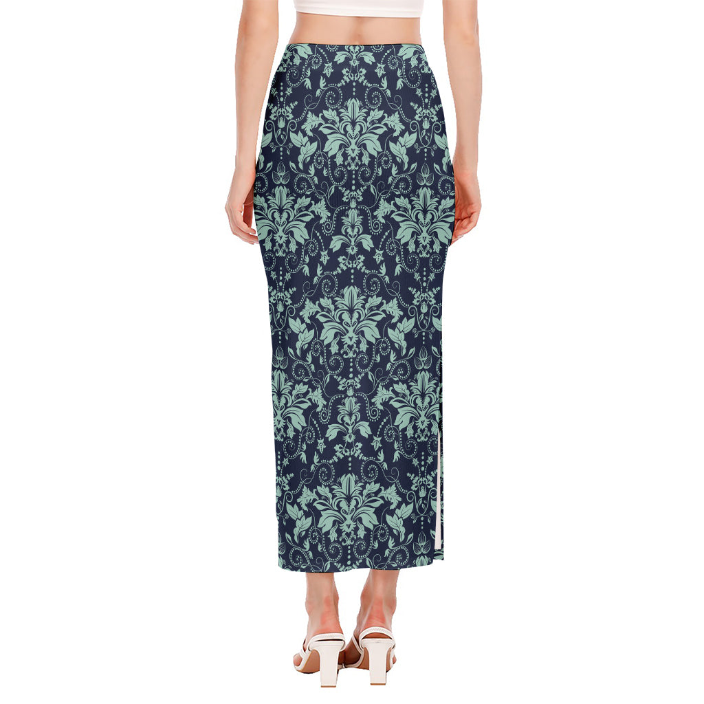 Blue And Teal Damask Pattern Print Side Slit Maxi Skirt