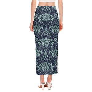 Blue And Teal Damask Pattern Print Side Slit Maxi Skirt