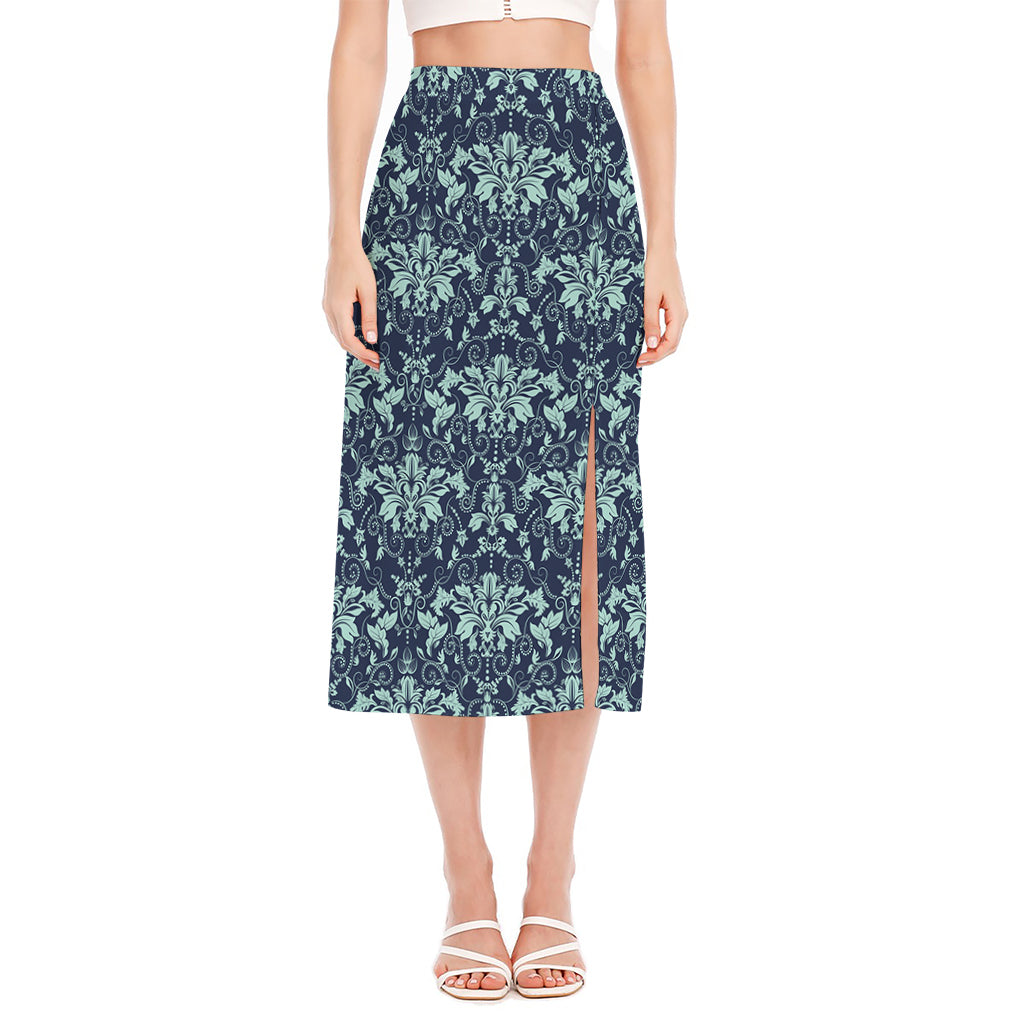 Blue And Teal Damask Pattern Print Side Slit Midi Skirt