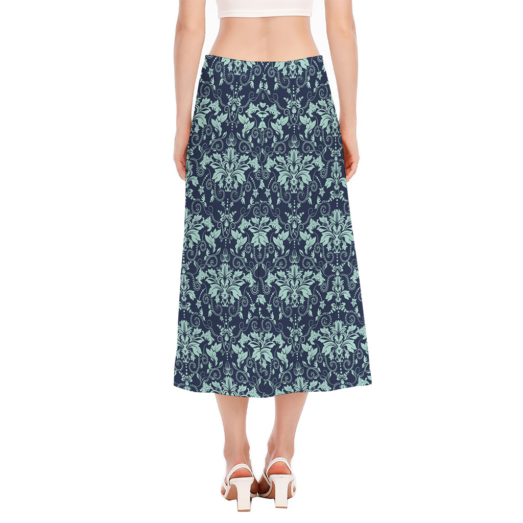 Blue And Teal Damask Pattern Print Side Slit Midi Skirt