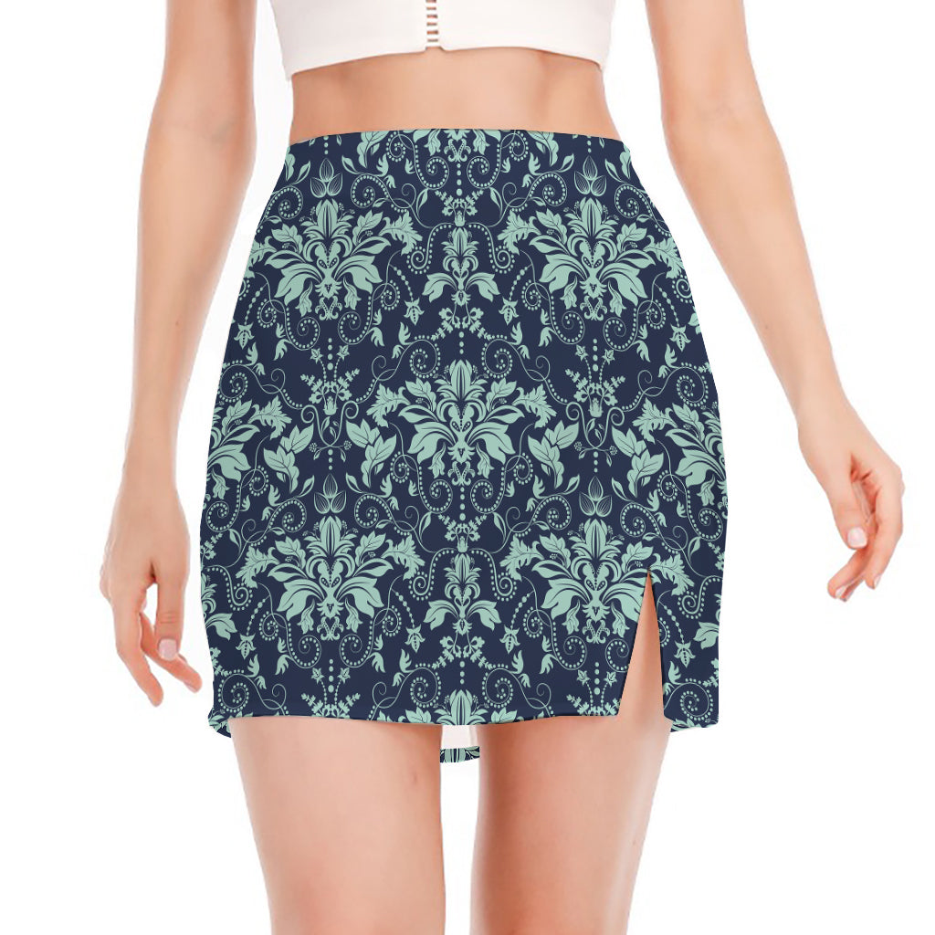 Blue And Teal Damask Pattern Print Side Slit Mini Skirt