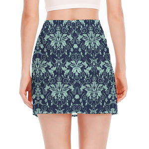 Blue And Teal Damask Pattern Print Side Slit Mini Skirt