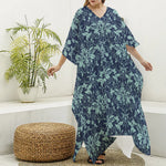 Blue And Teal Damask Pattern Print Silk V-Neck Kaftan Dress