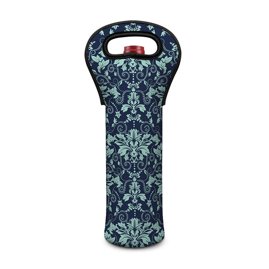 Blue And Teal Damask Pattern Print Single Neoprene Wine Tote