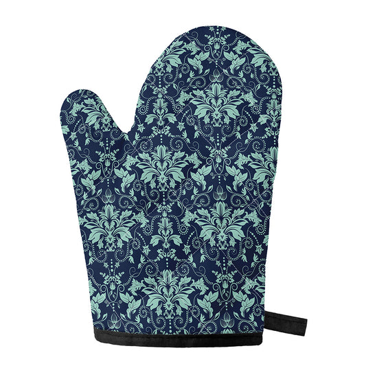 Blue And Teal Damask Pattern Print Single Oven Mitt