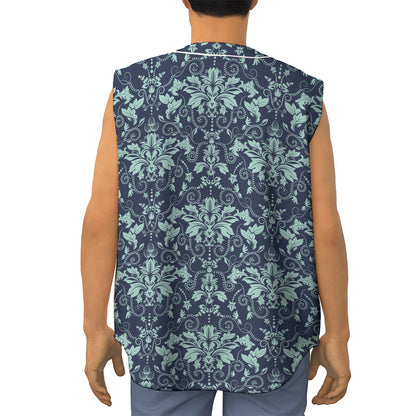 Blue And Teal Damask Pattern Print Sleeveless Baseball Jersey