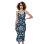 Blue And Teal Damask Pattern Print Slim Fit Midi Cami Dress