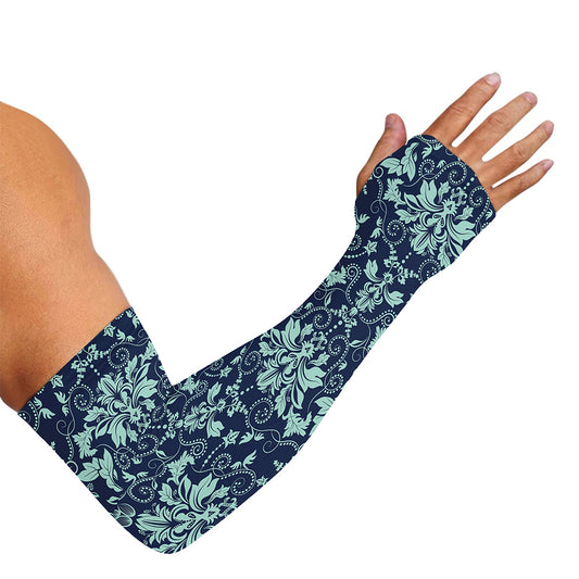 Blue And Teal Damask Pattern Print Sun Protection Arm Sleeves