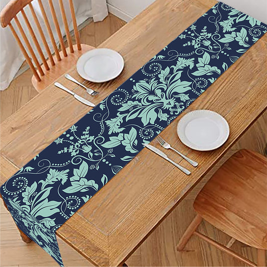 Blue And Teal Damask Pattern Print Table Runner