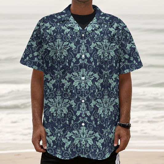 Blue And Teal Damask Pattern Print Textured Short Sleeve Shirt