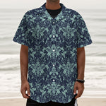 Blue And Teal Damask Pattern Print Textured Short Sleeve Shirt