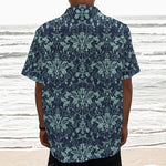 Blue And Teal Damask Pattern Print Textured Short Sleeve Shirt