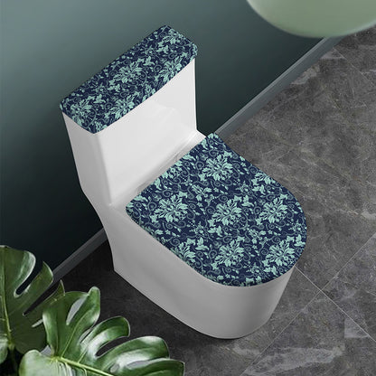 Blue And Teal Damask Pattern Print Toilet Lid And Tank Cover Set
