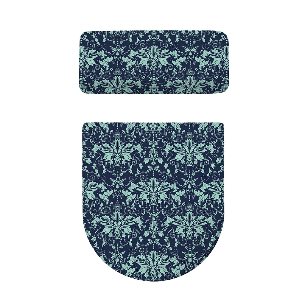 Blue And Teal Damask Pattern Print Toilet Lid And Tank Cover Set