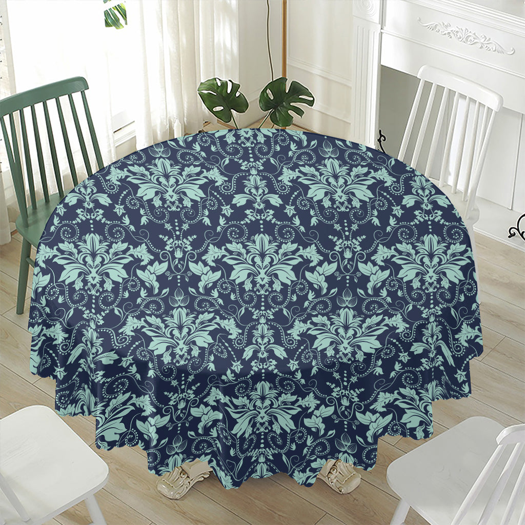 Blue And Teal Damask Pattern Print Waterproof Round Tablecloth