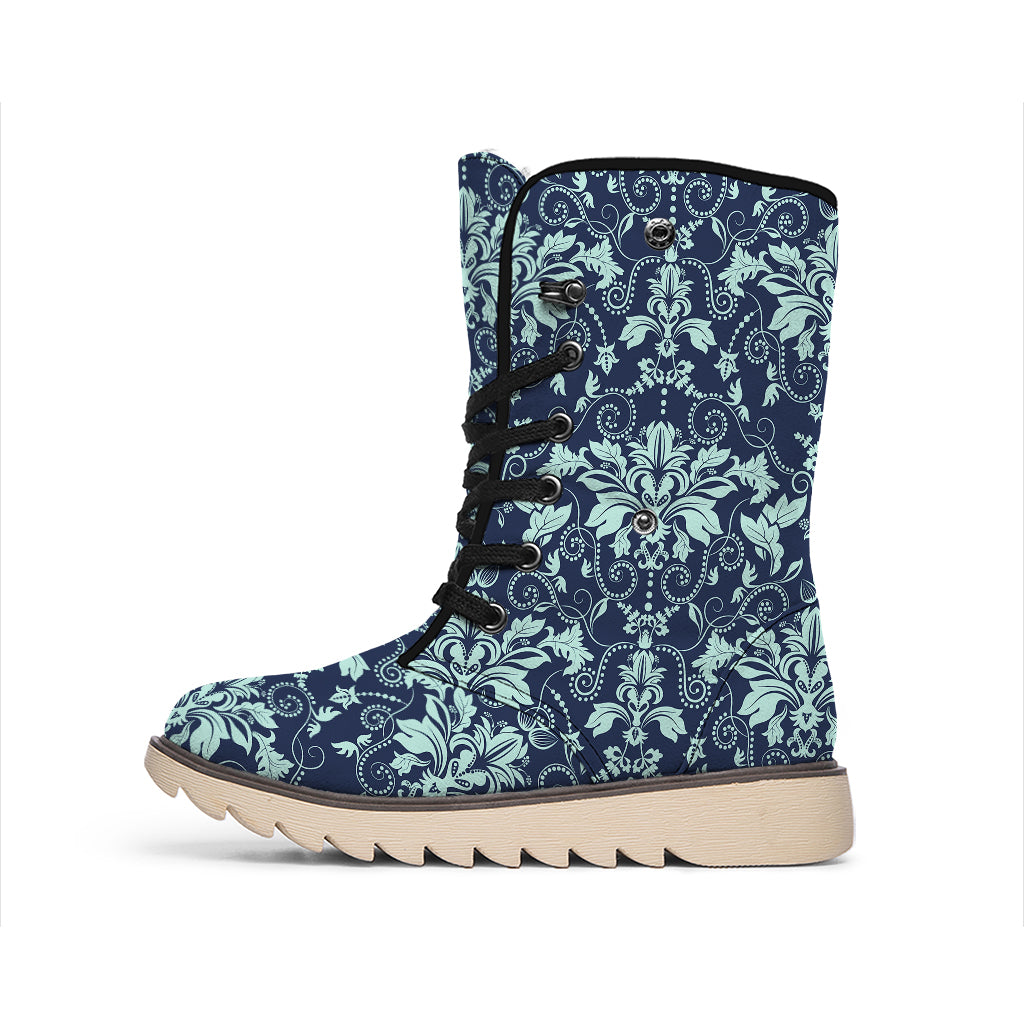Blue And Teal Damask Pattern Print Winter Boots