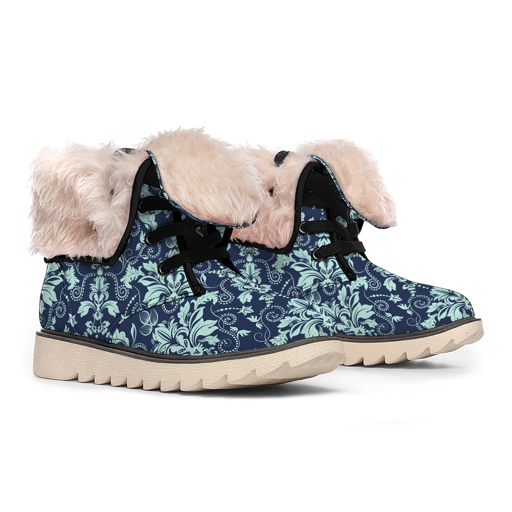 Blue And Teal Damask Pattern Print Winter Boots