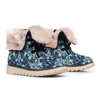 Blue And Teal Damask Pattern Print Winter Boots