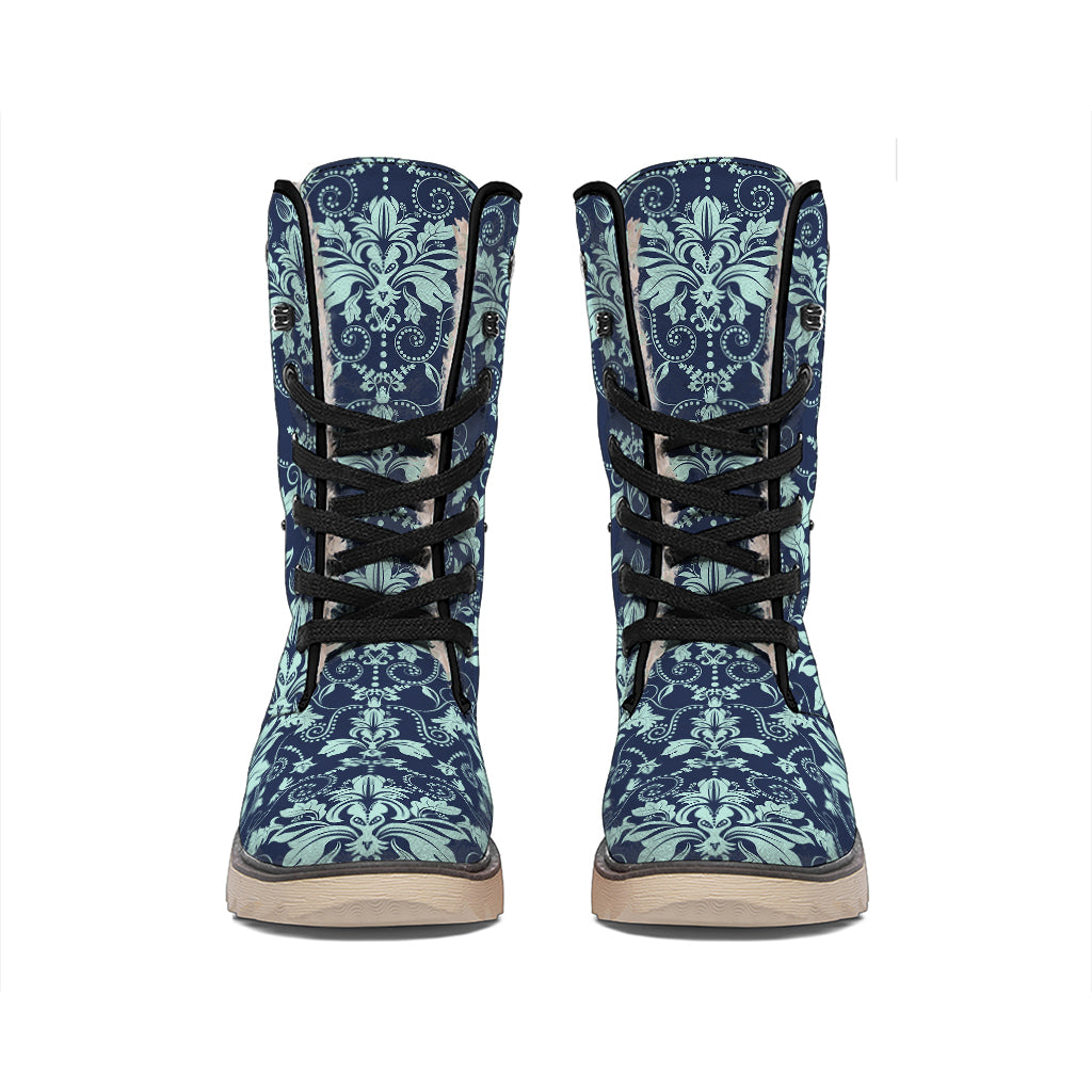 Blue And Teal Damask Pattern Print Winter Boots