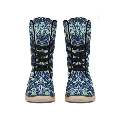 Blue And Teal Damask Pattern Print Winter Boots