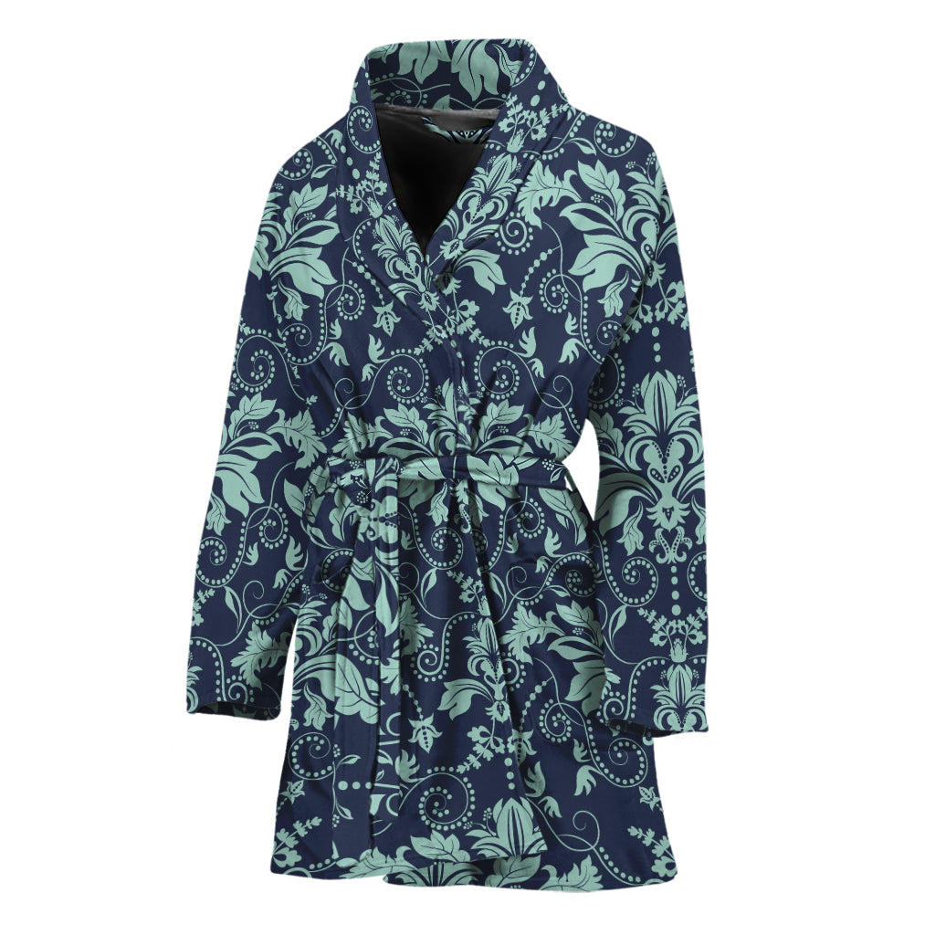 Blue And Teal Damask Pattern Print Women's Bathrobe