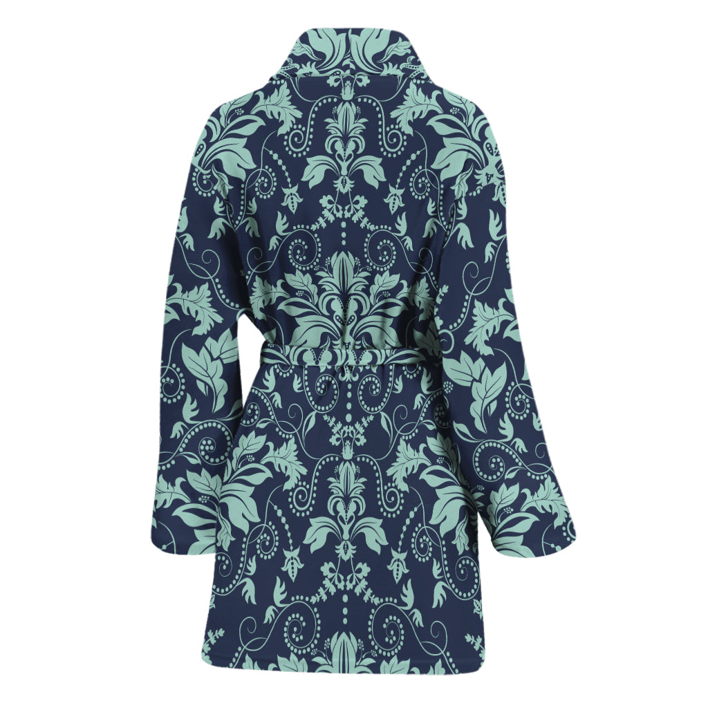Blue And Teal Damask Pattern Print Women's Bathrobe