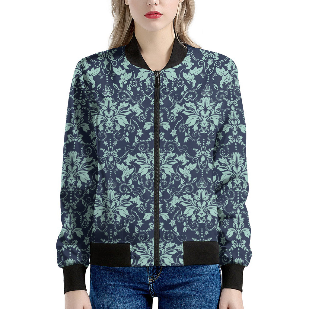 Blue And Teal Damask Pattern Print Women's Bomber Jacket