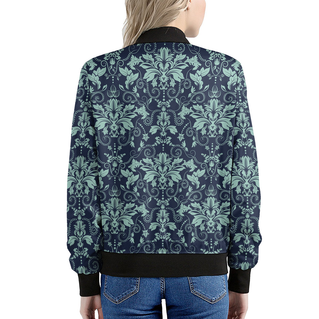Blue And Teal Damask Pattern Print Women's Bomber Jacket