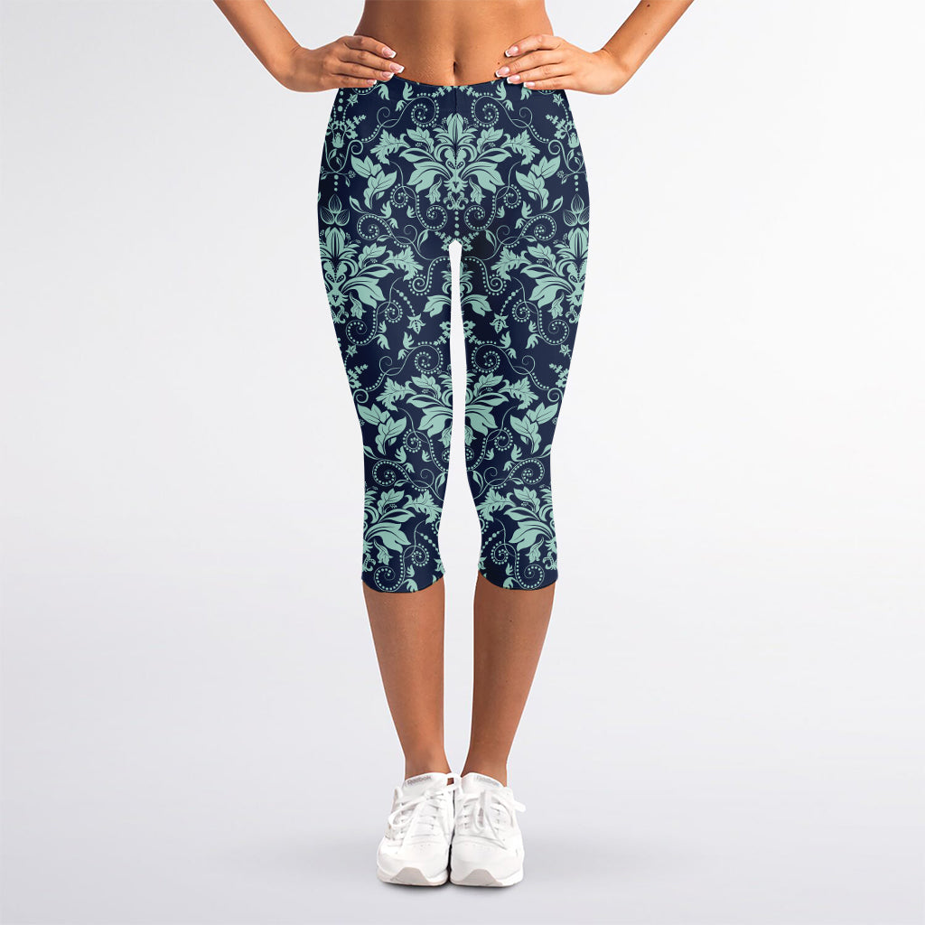 Blue And Teal Damask Pattern Print Women's Capri Leggings