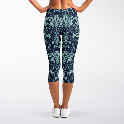 Blue And Teal Damask Pattern Print Women's Capri Leggings